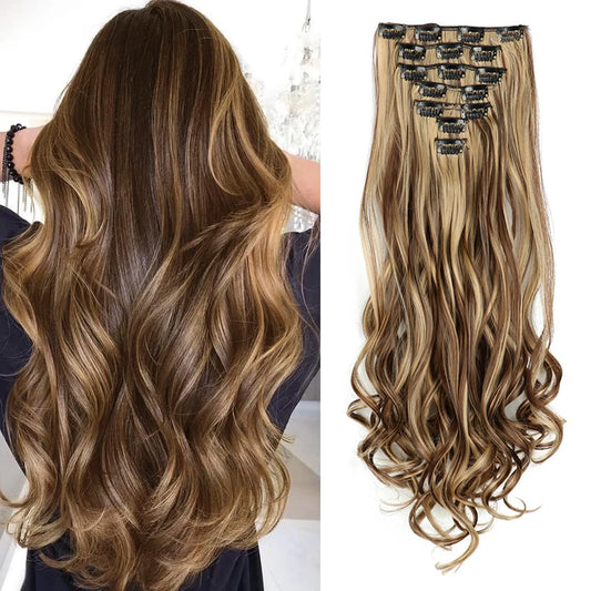 Clip In Hair Wigs Extensions 7 PCS Full Head 22 Inch Long Curly Wavy Synthetic Hair Pieces Wavy For Women Girls Hair Wigs