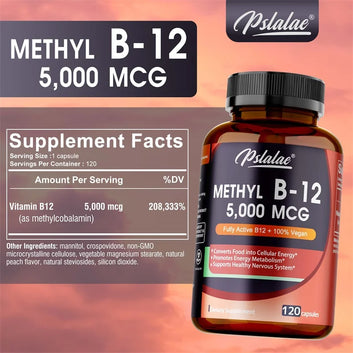 Vitamin B12 - 5000 MCG Supplement -Benefits Brain & Heart Function, Supports Memory, Learning, Helps Boost Natural Energy